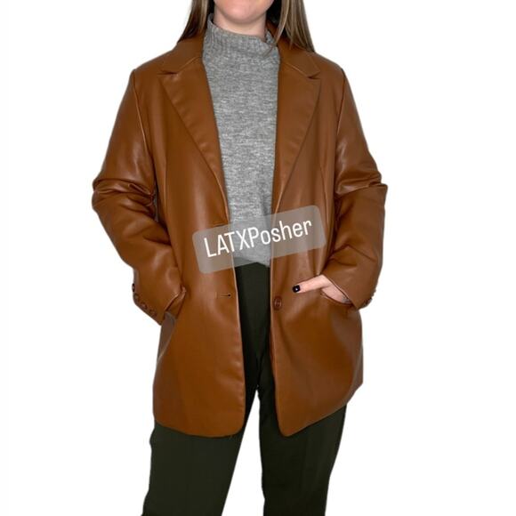 NEW Rebecca Minkoff Faux Leather Cognac Brown Oversized Blazer - Picture 1 of 11